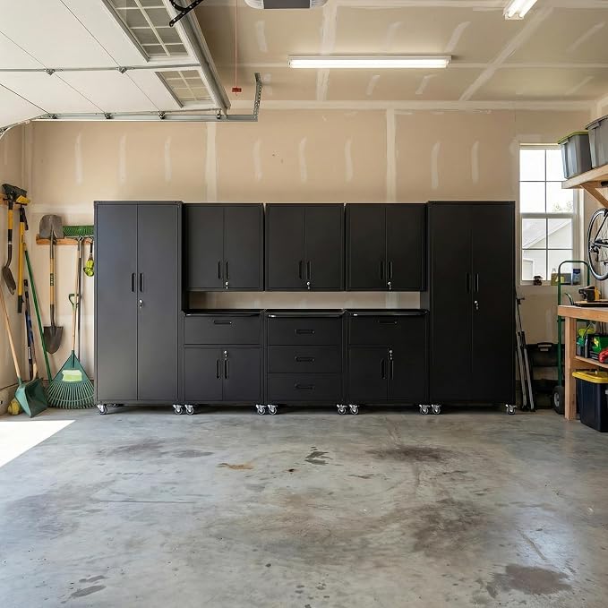 Garage Cabinet System | Heavy Duty Steel All-in-One Modular Garage Cabinet Set for Ultimate Workshop Organization | Easy Assembly Garage Storage Cabinets & Tool Bench