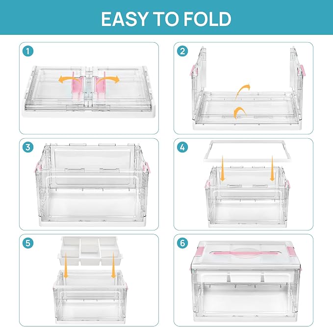 Vtopmart 24 QT Pink Clear Craft Organizer with Tray & Dividers, 1 Pack | Storage Box for Coloring Books, Modeling Clay, Molds and Art Supplies, Removable Tray for Craft Supplies Organization