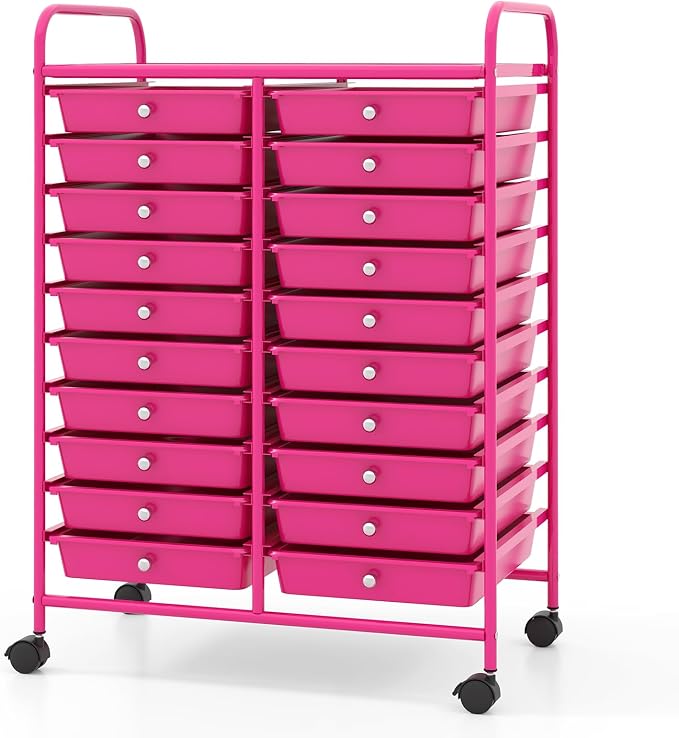 20 Drawer Rolling Storage Cart, Art Cart Organizer with Wheels for Makeup, Tool, Paper, Multipurpose Craft Storage Cart with Drawers for Office, Home, Classroom, School (Hot Pink)