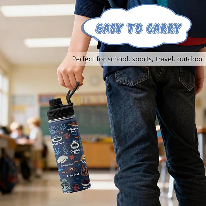 Shark Gifts for Boys, 18 oz Stainless Steel Water Bottles with 2 Lids, Insulated Water Bottle with Straw, Shark Cups for Travel Sports Outdoor, Birthday Christmas Gifts for Boys Ocean Animals Lovers