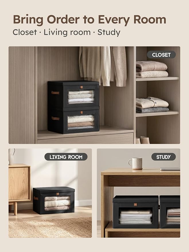 Medium Fabric Storage Bins - Closet Shelf Organizer with Open Window, 5 Pack Closet Baskets for Shelves, Stackable Decorative Boxes for Home, Dorm, Black, 13.7" x 9.8” x 9.8"