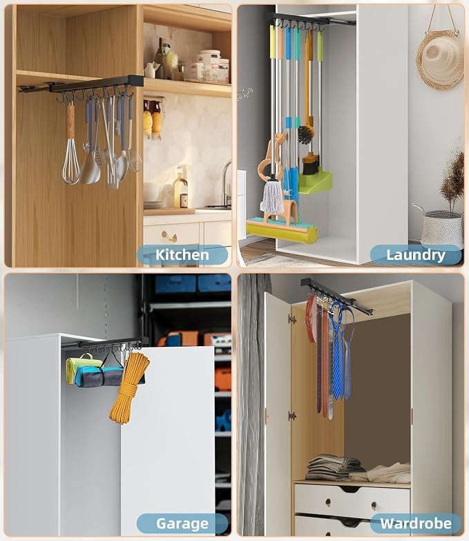 Pull Out Broom Holder With Adjustable Double Row Sliding Hook-Black 16.14in | High Load Capacity, Multifunctional Slide Broom And Mop Storage/Garage Organization Hooks, for Closet Laundry, kitchens
