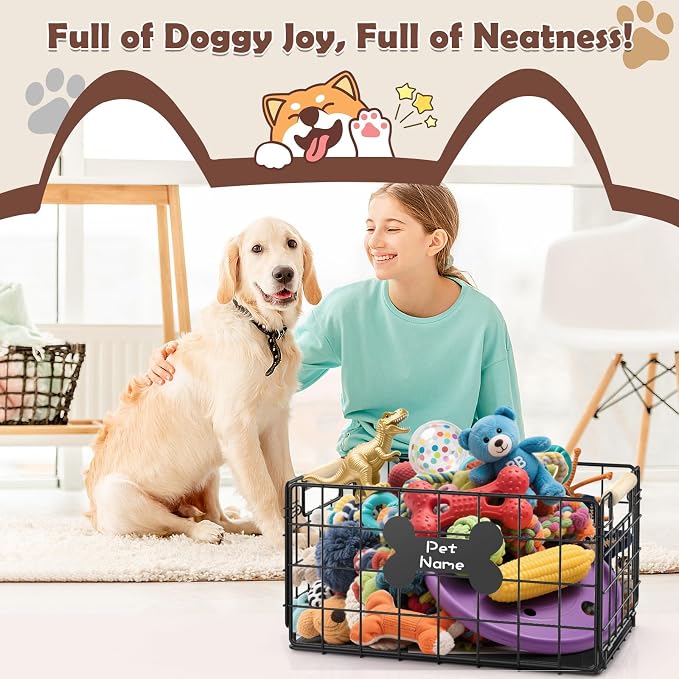 Dog Toy Basket, Foldable Metal Dog Toy Bin 15.8''×11.8''×11.8'' | Chew-Proof Basket with Handles, Pet Stuff Storage Organizer Box, Marker Pen, Portable Puppy Toys Basket for Living Room
