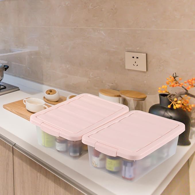 Wekioger Set of 2 Versatile Organizer Container Bin with Pink Lid, 14 Quart