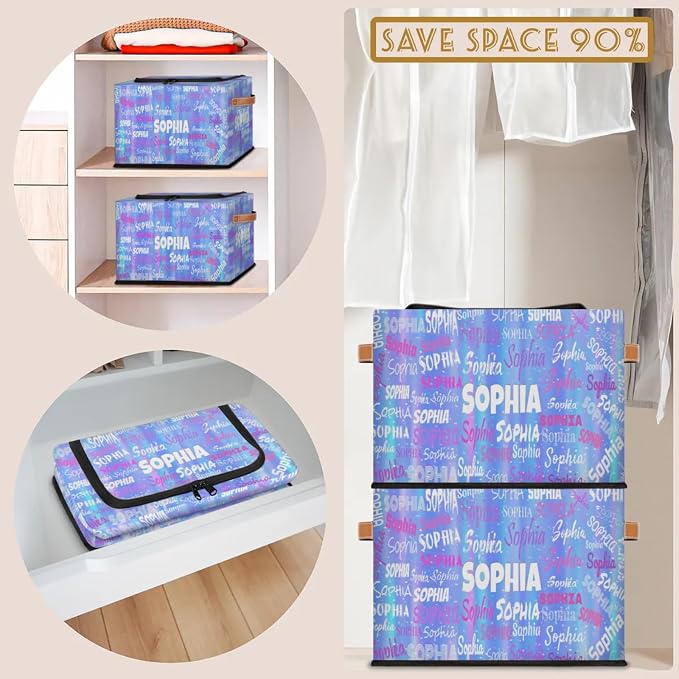 Personalized Name Storage Basket with Zipper Lid, Canvas Storage Bins Toys Clothes Organizer for Bedroom, Kitchen, Bathroom, Nursery, Shelves, Closets, Gradient Light Blue Stripes with Stars
