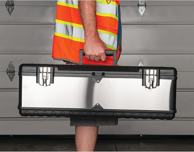 Performance Tool W54026 26 in. Steel Tool Box with Removable Tote | Heavy duty steel storage box and organizer. Recessed ergonomic comfort handle. Strong double latch with padlock eyehole