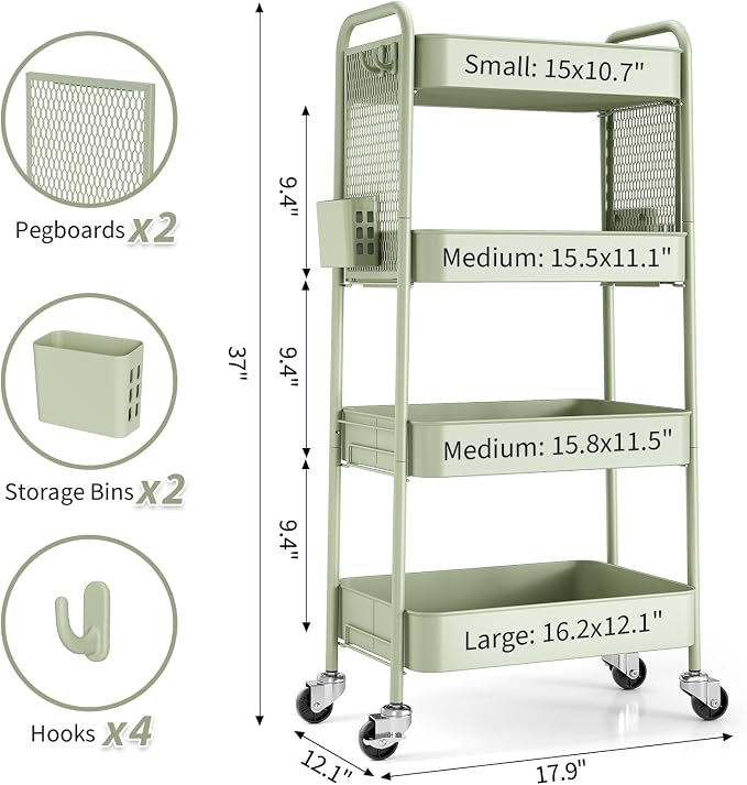 TOOLF 4 Tier Rolling Cart, Metal Utility Storage Cart with Pegboard, Green | 2 Bins & 4 Hooks, Screwless Assembly, Lockable Wheels, Trolley Organizer for Bathroom, Kitchen, Office, Dorm, Craft Room