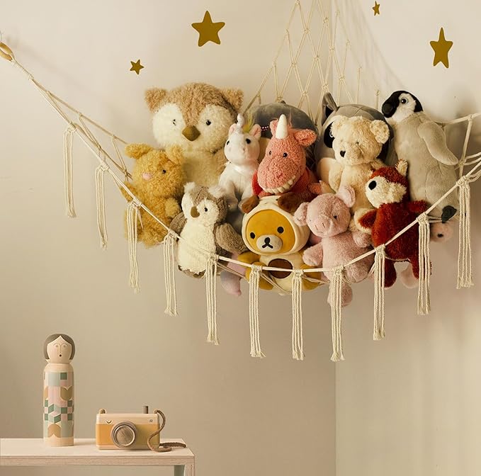 Stuffed Animal Storage Hammock or Net Corner - Large Toy Hammock Net for Stuffed Animals Room Decor - Cute Stuff Animal Organizer Plush Holder - Kids Baby Nursery Essentials Wall Bedroom Home Decor