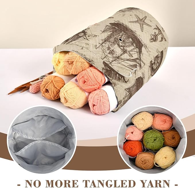 Tatenale Crochet Bag Yarn Bag Knitting Project Bag with Pockets and Handle Portable Yarn Storage Organizer Tangle Free 8.3x11 InchVintage Brown Sailing Ships Starfish Anchor31