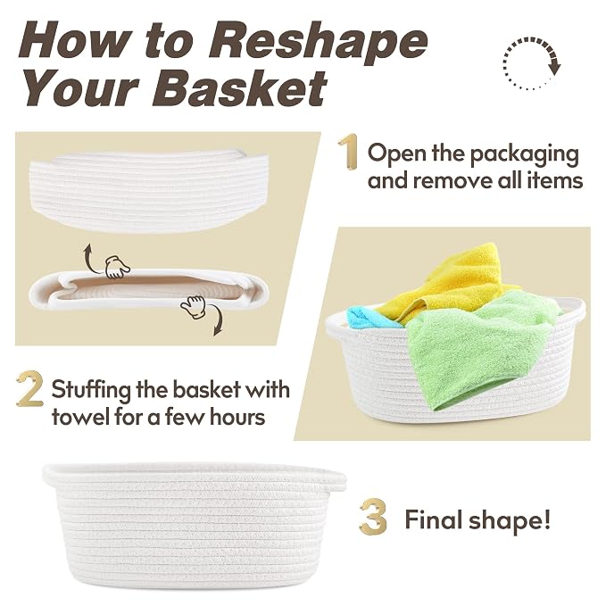 Pro Goleem Small Woven Basket with Gift Bags and Ribbons Durable Baskets for Gifts Empty Small Rope Basket for Storage 12"X 8" X 5" Baby Toy Bin with Handles, White