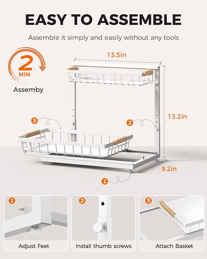 2-Pack 2-Tier Height Adjustable Under Sink Organizer & Storage | Multi-purpose storage for kitchen & bathroom cabinet. Large white shelf, height adjustable design for space-saving.