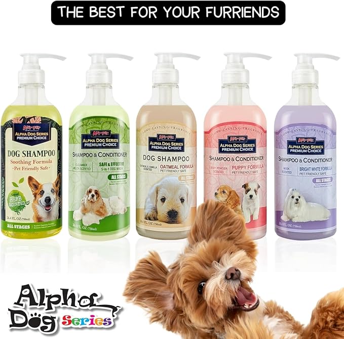 Alpha Dog Series Bright White Natural Whitening Dog Shampoo and Conditioner for Dogs with Aloe Vera, pH Balanced Dog Shampoo and Conditioner Set, Tear-Free for Sensitive Skin 26.4 Oz (Pack of 2)