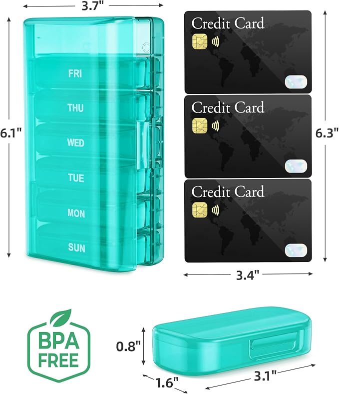 PULIV Weekly Pill Organizer with Large Capacity, Dual Protection (Cyan) | Pill Box 7 Day, Arthritis Friendly Pill Case Easy to Open, Medicine Organizer for Vitamins, Medication, Fish Oils, Supplement