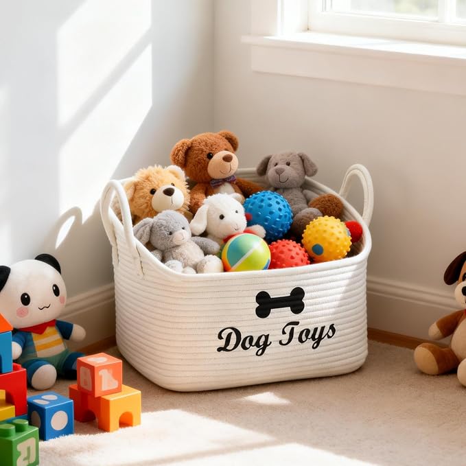 Large Dog Toy Basket-Woven Dog Toy Box for Living Room Area-Trapezoid Pet Toys Bin with Handle-Dog Organizer for Toys,Collar,Leash,Blanket -13.4''x11.8''x10.6''-Beige