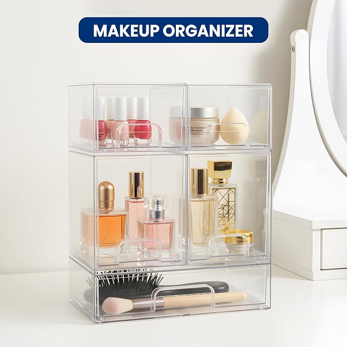 Baby Bottle Organizer Stackable, Acrylic Storage Drawers 5 pack with Non-Slip Pads, Pull-Out Drawers for Baby Bottle, Pump Parts, Pantry, Vanity Countertop (4.4" and 7.6" Tall and 12.1" Wide)