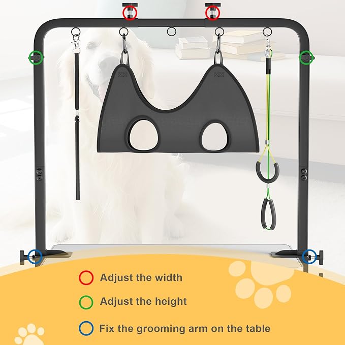 Dog Grooming Table Arm - Adjustable Height & Width, Heavy Duty Dog Grooming Station with 4-Piece Scissors Comb Set, Includes Adjustable Hammock & 2 No-Sit Haunch Holders for Dogs & Cats