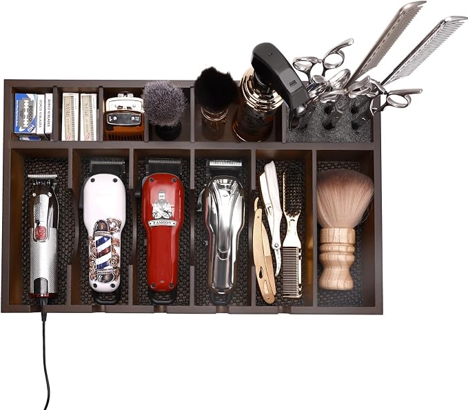 Barber Organizer Station, Wooden Multi-Functional Barber Accessories Storage Tray, Adjustable Multi-Slot Hairdressing Tool Storage Station Suitable for Hair Salons, Home Use, and Pet Shops