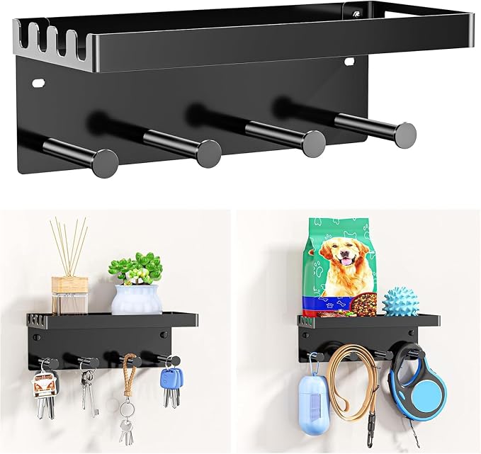 YWHWXB No Drill Dog Leash Holder Wall Mount, Pet Hooks & Shelf (Black) | Heavy-duty metal structure All-in-one entryway organizer Multi-scenario use Hassle-free setup & care
