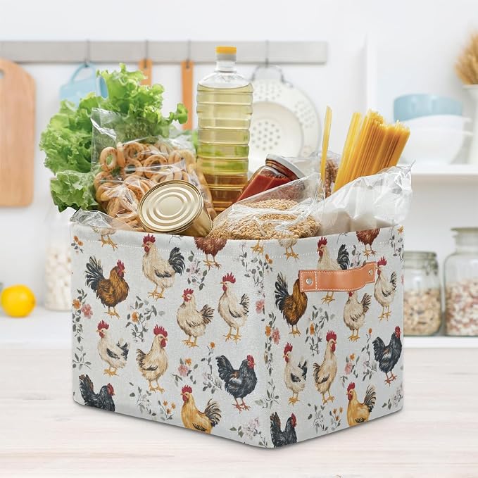Chicken And Chicks Rectangular Storage Bin Collapsible Storage Basket Organizer Boxes with Leather Handle Storage Cube for Shelves Toy Laundry Nursery 2 PC