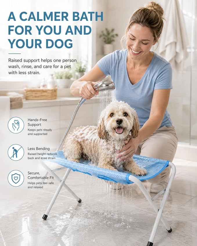 Foldable Pet Bathing Stand, Dog Grooming Hammock with Quick-Dry Mesh, 44 lb | Portable Shower Stand & Sling for Small Dogs & Cats, Steel Frame, 8-Hole Support, Hands-Free Grooming, Folds Flat, Holds 44lb