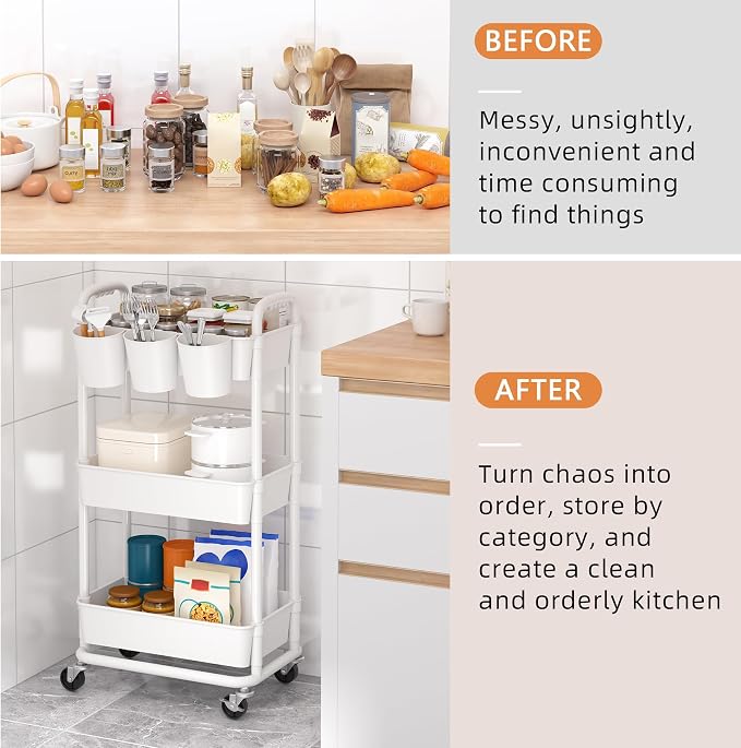 3-Tier Plastic Rolling Storage Cart Utility Cart with Extra Hanging Cups Handles Lockable Wheels for Living Room Bathroom Kitchen Office White | Utility Cart with Extra Hanging Cups Arc-Shaped Handles Lockable Wheels for Living Room Bathroom Kitchen Of...