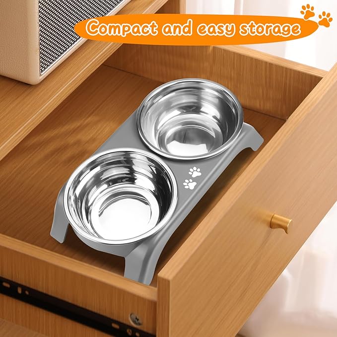 Elevated Dog Bowls for Small Dogs, 3โ High Raised Dog Bowl Stand with Dual 5โ Stainless Steel Bowls Non-Slip Pet Feeder for Puppy and Cats, Dishwasher Safe, Grey