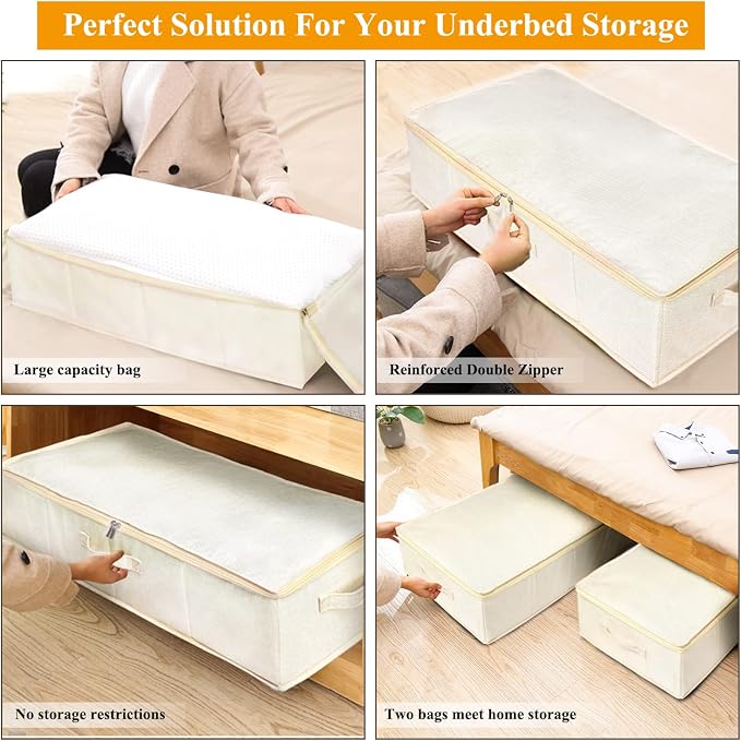 punemi 6 inch Tall Sturdy Under Bed Storage Box, 2Pack, Beige | Wedding Dress Storage Box with Sturdy Zipper & Handles,50L Large Capacity for Blankets, Pillows, Comforters & Quilts
