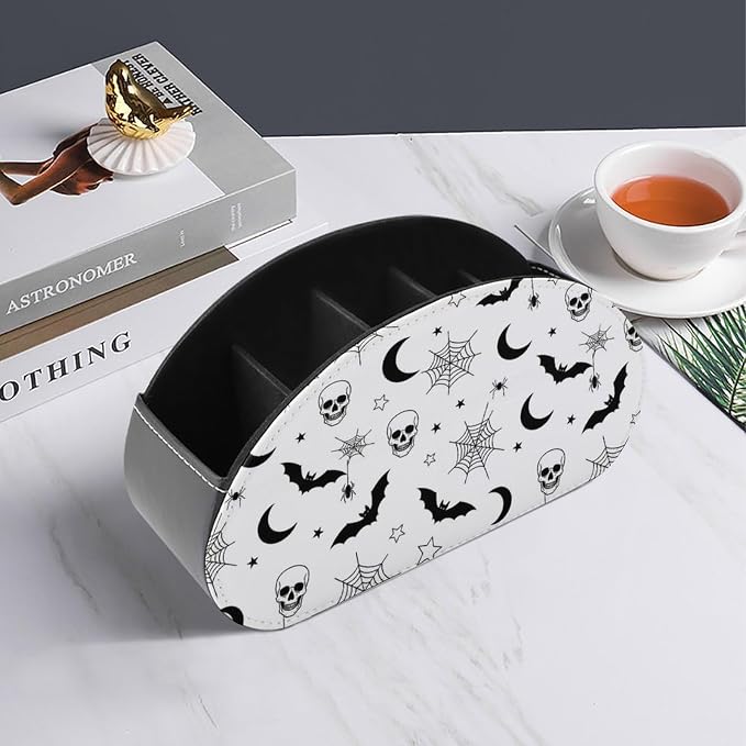 Remote Control Holder Gothic Skull Bat Web 5-Slot Office Storage Caddy Box | Makeup Brush Organizer, Pu Leather, Gothic Skull Bat Spider Web Moon Art Desktop Accessory for TV Remotes Media Player