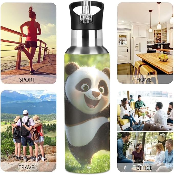 Panda Playing Football Water Bottle with Straw Lid Kids Insulated Stainless Steel Water Flask Sports, 20 Oz Hot Cold