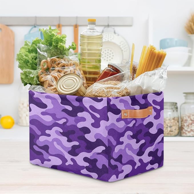Pardick Camo Basket Storage Bins Rectangle Canvas Basket Cube Storage Box | Nursery Foldable Basket with Handle for Kids Girls Boys Toys Living Room Closet Organizer Shelf Gifts Camouflage Purple