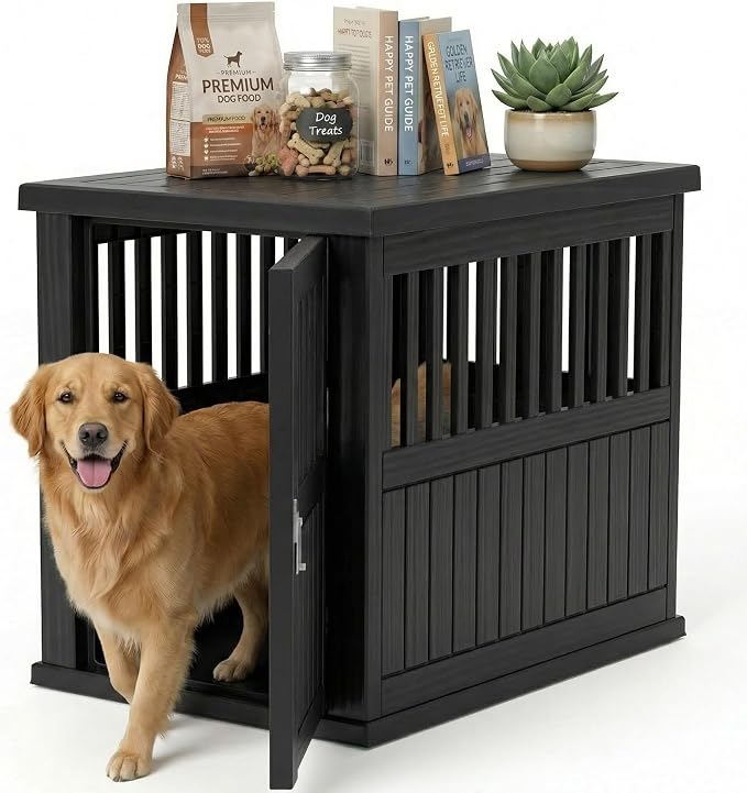 EFU 40 Inch Large Dog Crate Furniture, Indoor Dog Kennel, Puppy Pet House | Resin Pet House End Side Table, Waterproof Puppy Crates Cage for Large Medium Dogs to 70 lb, Black