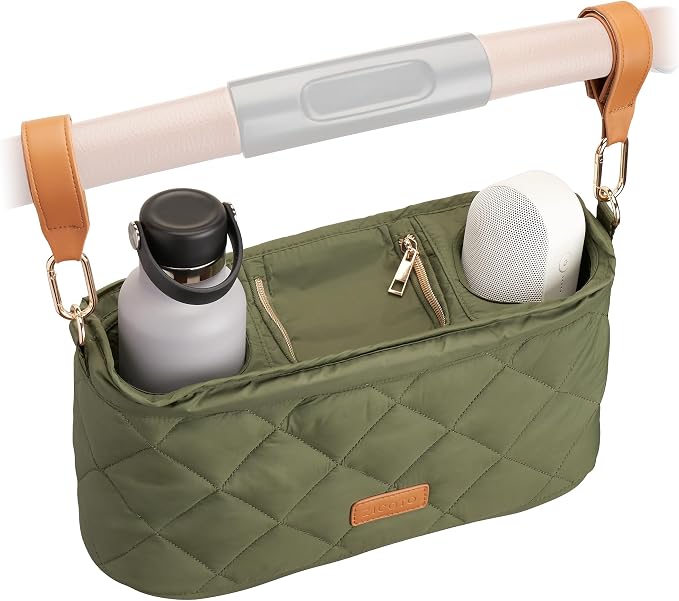 Beautiful Stroller Caddy Organizer With 2 Cup Holders - Zipper Pocket Bag | Luxury Stroller Bag with Universal Fit and Leather Straps - Spacious Accessories Perfectly Fits Doona, Nuna and Uppababy