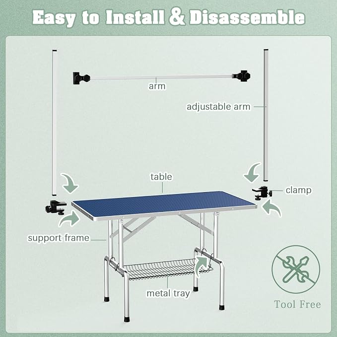 42'' Stainless Steel Pet Dog Grooming Table, Arm/Noose/Tray, Blue | Foldable Dog Grooming Table for Dogs at Home, Adjustable Height Arm, Non-Slip Waterproof Tabletop, Capacity 330Lb