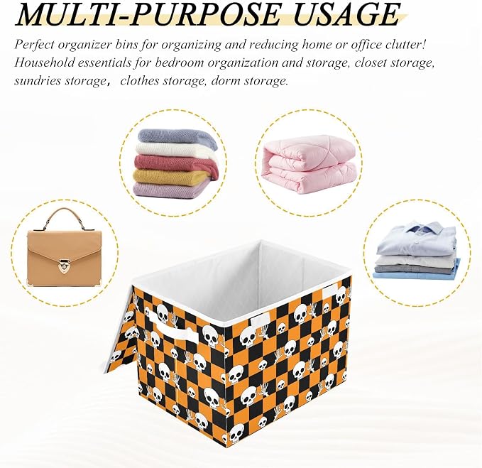 Halloween Skull Storage Bins with Lids Closet Bedroom 40L Fabric Bin | Decorative Storage Boxes, Foldable & Stackable, Dust-Proof Flip Top, Reinforced Handles, For Home & Dorm, Clothes & Toy Box