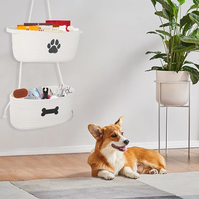 2-Tier Dog Baskets,Over Door Hanging Oganizer for Pet Stuff with Metal Hooks,Cotton Rope Wall-Mounted Storage Organizer for Dog Leash/Harness/Small Toys/Trash bag - Beige