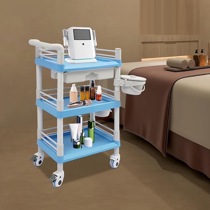 Mobile Salon Storage Cart with Wheel and Drawer, Portable 3-Tier Professional Trolleys, 176 Lbs Load Utility Tool, for Barber Stores, Spas, Homes, Beauty Store, Pet Shops (Blue)