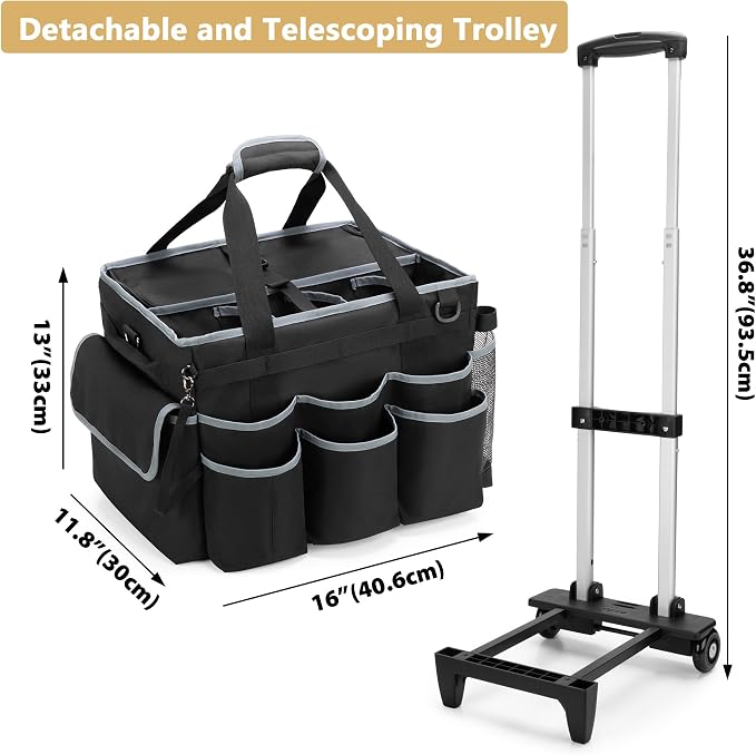 HODRANT Large Cleaning Caddy with Detachable Trolley & Shoulder Strap | Cleaning Supplies Bag with Handles & Support Plates, Cleaner Product Rolling Organizer for Car Wash and Housekeeping