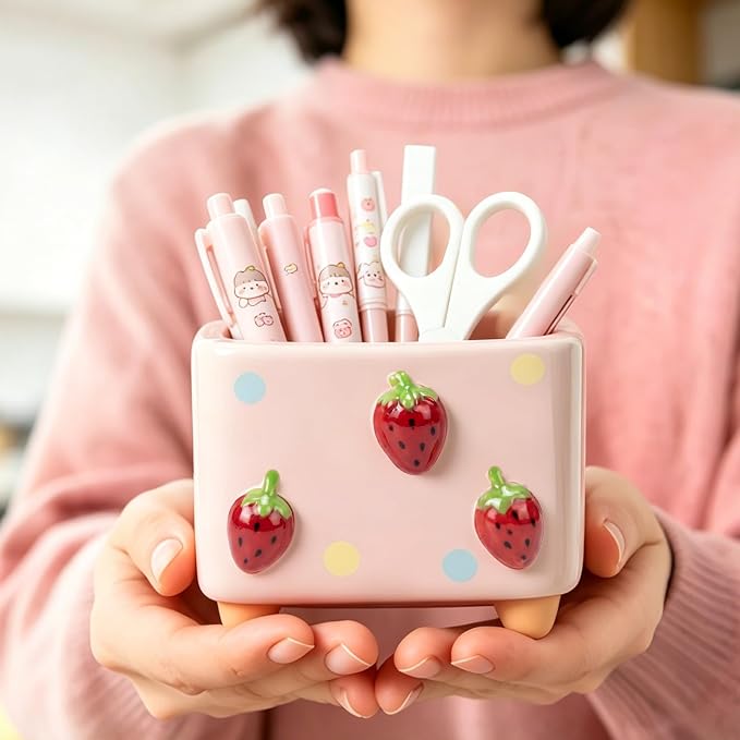 Ceramic Strawberry Pen Pencil Holder Cute Pen Holder for Desk Decoration Accessories Strawberry Decor Office School Ideal Gifts
