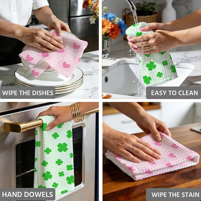 Four-Leaf Clover and Heart Waffle Kitchen Towels, Quick Dry Multipurpose Hand Towels for Bathroom, Absorbent Reusable Cloth Tea Dish Towels for Home Decor, Gift Towel Set of 2 for Woman Man Friends