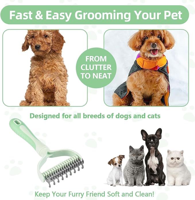 Dematting Comb for Dog and Cat, 2 In 1 Double Sided Pet Grooming Brush, Undercoat Rake Deshedding Tool for Small, Medium & Large Dogs Cat Tangles Removing