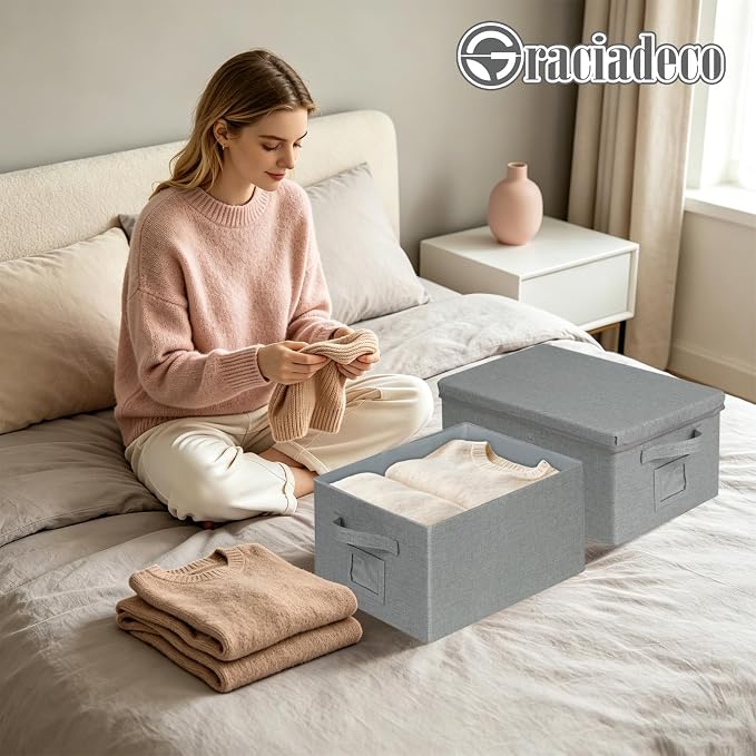 Storage Bins With Lids Closet Organizer Cabinet Box For Clothes,Toys,Shelf | 2 Pack, 17"X 12"X 2", Collapsible, Stackable, Dustproof, Built-In Handle, Label Slot, Linen Fabric, Cardboards, Grey