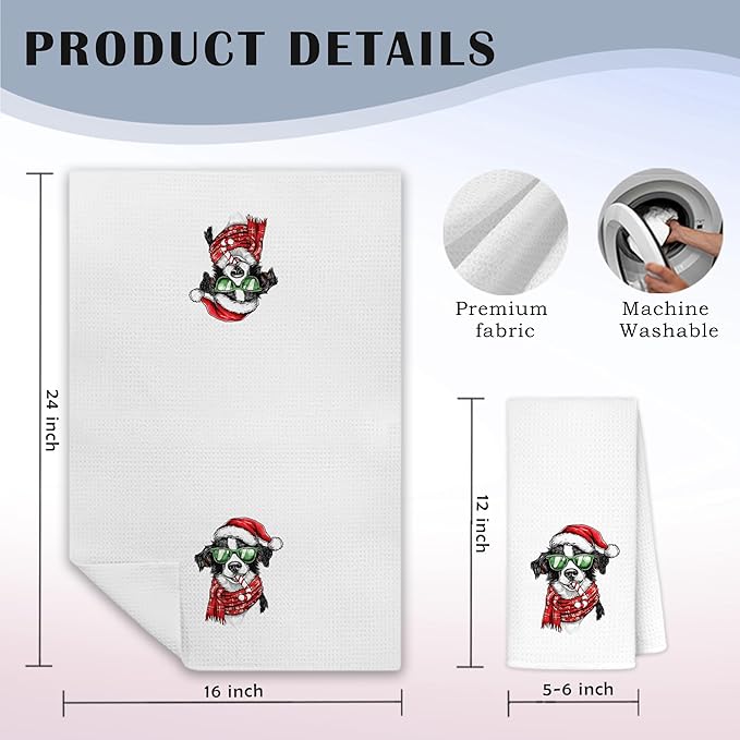 Christmas Border Collie Kitchen Towels, Border Collie Gifts for Women Dish Tea Towels for Kitchen Decor, Retro Xmas Santa Dog Decorative Hand Towel Bathroom Decor, 16x24 Inch