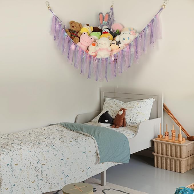 Stuffed Animal Hammock with LED Lights - 59 Inch Large Toy Storage Net for Kids Bedroom, Wall-Mounted Plush Organizer with Wooden Rings, Nursery Decor (Handwoven, Purple)