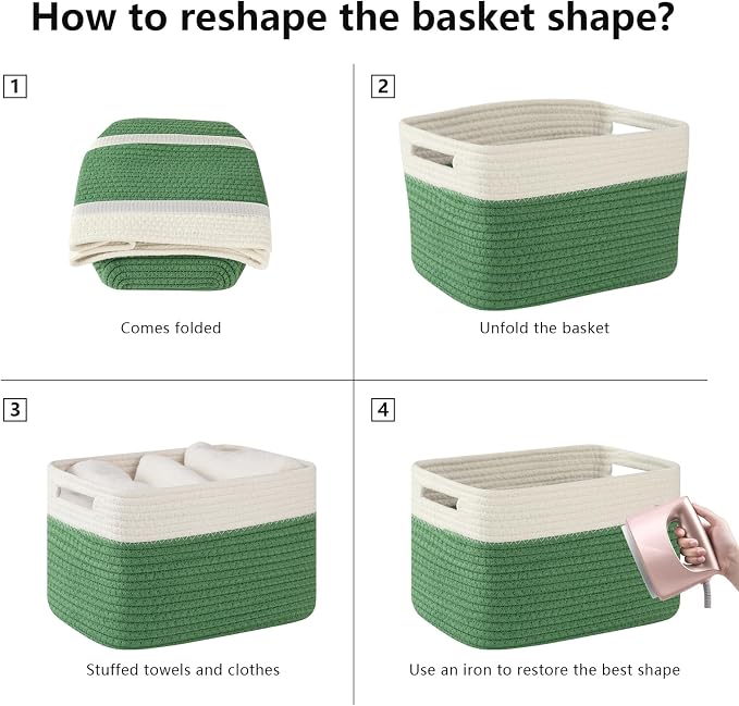 OIAHOMY 4 Pack Storage Basket, 13"x9"x7.8" Cotton Rope Baskets for Shelves, Closet Organizer for Bedroom & Living Room, Soft Decorative Bins for Organizing Towels, Books & Toys, Olive Green & White