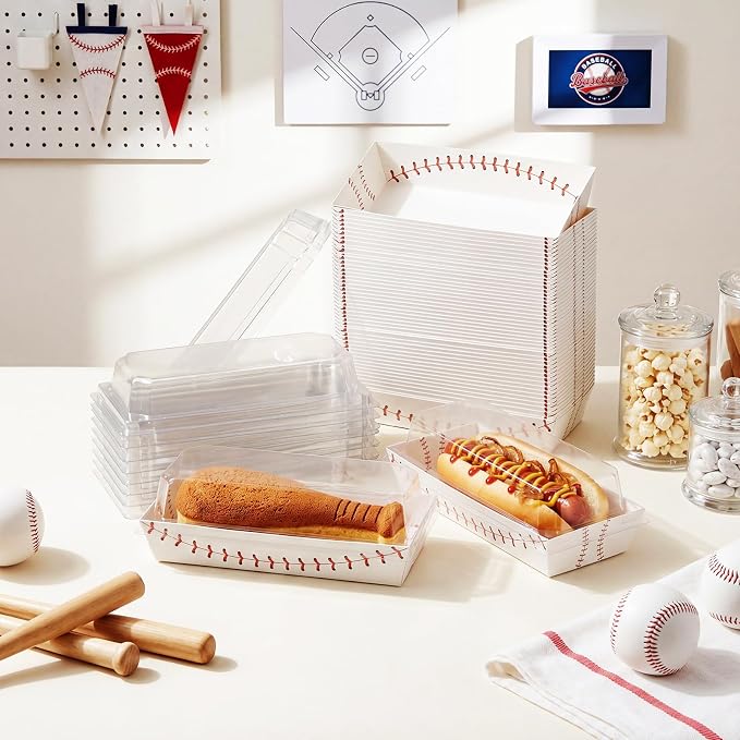 Bokon 50 Pack Baseball Charcuterie Boxes with Clear Lids, 7.5 in Disposable Food Containers for Sandwich Cake Slice, Rookie of the Year Party, Holiday & Game Day Watching, Grease-resistant to Go Box