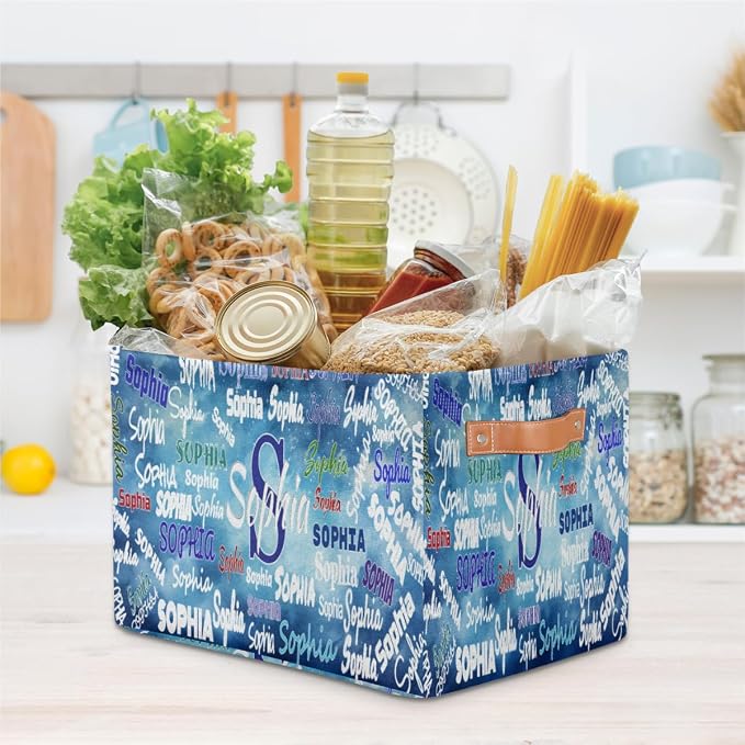 Personalized Foldable Storage Basket with Name, Laundry Hamper Dirty Clothes Pet Toys Storage Bin with Handles for Shelf Home Closet Kitchen, Watercolor Blue Universe