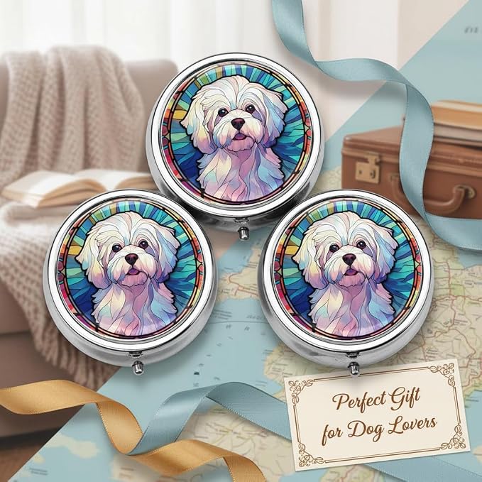 Maltese Dog Small Box for Pill,3 Compartment Pill Case Travel Medicine,Portable Pocket or Purse Pill Organizer Container Holder Hold Vitamins, Medication, Fish Oil Supplements