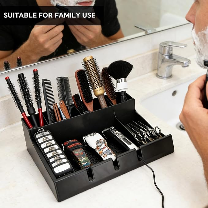 Barber Clippers Station, 15 x 11.8 x 4.3 inch Removable Tray Featuring Dedicated Clippers & Guards Slots and Scissor Razor Slots, for Barber&Salon and Home Stylist Accessories Station Organizer
