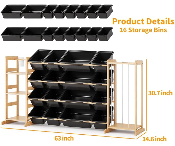 Toy Storage Organizer with Bookshelf and Stuffed Animal Storage - Kids Playroom Organization with Shelves and 16 Toy Bins - Toddler Living Room Toy Box for Lego - Nursery Bedroom Decor Essential