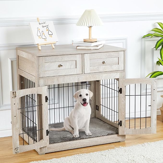 Hipicute Dog Crate Furniture with Drawers, Wooden Kennel for Large Breed Dogs, End Table Dog House for Indoor Use, Dog Crate for Small/Medium/Large Dogs